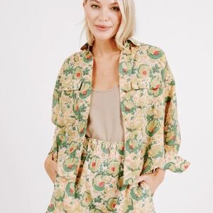 Mirth Kyoto Button Up Shirt in Tan Green Floral Block Print